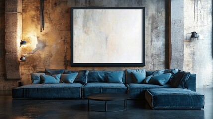 Loft apartment, sectional sofa, large artwork, industrial interior, design mockup