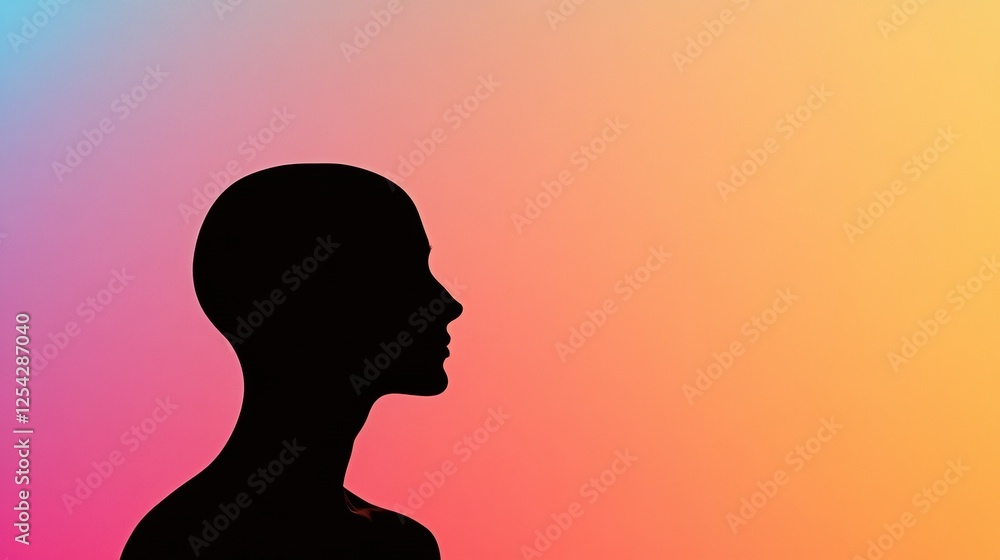 Poster Silhouette of a person with bald patches against a vibrant gradient background in a creative artistic representation. Generative AI