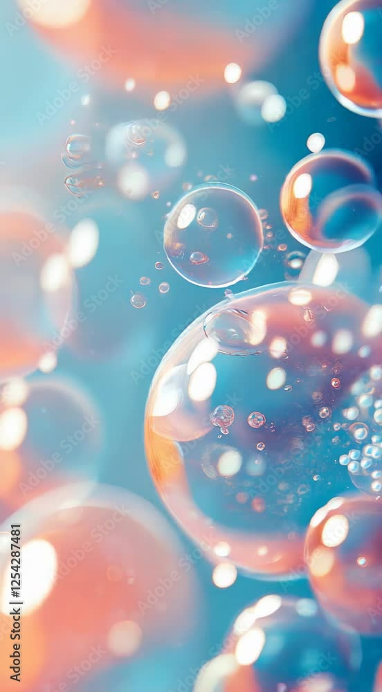Poster a mesmerizing display of colorful bubbles gently floating against a tranquil blue backdrop, creating