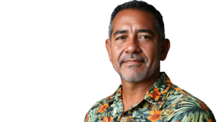 Portrait of smiling mature man with grey hair and goatee wearing floral shirt on transparent background