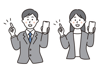 スマホを持って指さしするビジネスパーソン