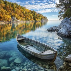 Obraz premium Calm autumn waters in a serene lake with a wooden boat and colorful trees lining the shore