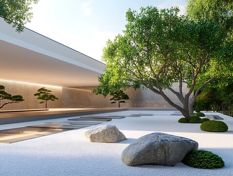 minimalist zen garden with modern architecture