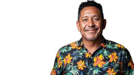 Smiling tourist wearing hawaiian shirt on transparent background