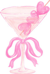 Coquette Pink Martini Glass with Pink Bow and Heart Olives Watercolor