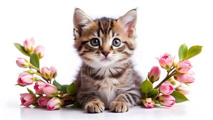 Kitten with Pink Flowers