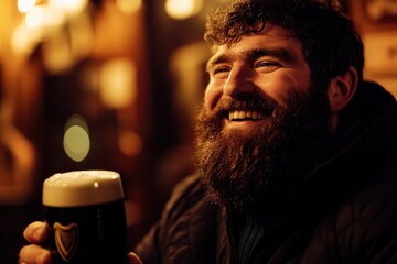 Happy Man Enjoying a Pint of Guinness in a Cozy Pub