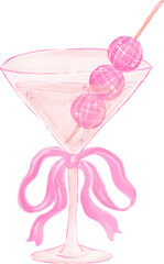 Coquette Martini Glass with Pink Bow and Disco Ball Olives Watercolor