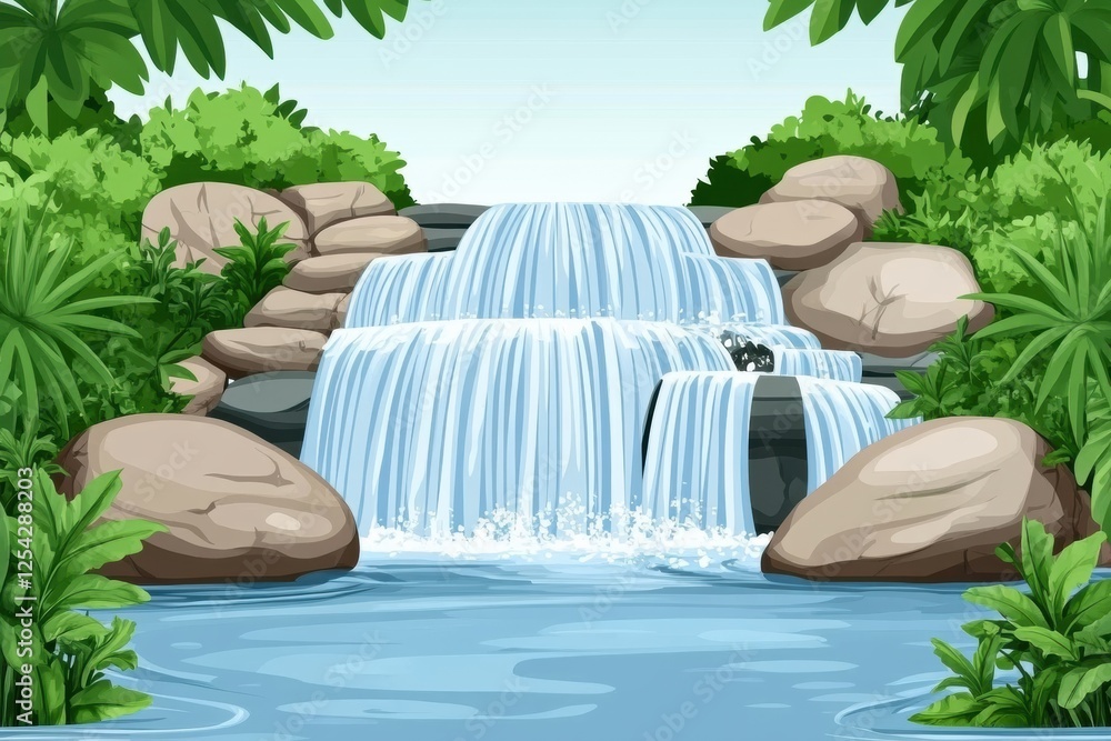 Poster Waterfall cascading over rocks surrounded by lush greenery in a tranquil outdoor setting. Generative AI