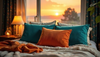 Teal and orange throw pillows on a plush velvet bed with a sunset scene behind, relaxation, cozy retreat