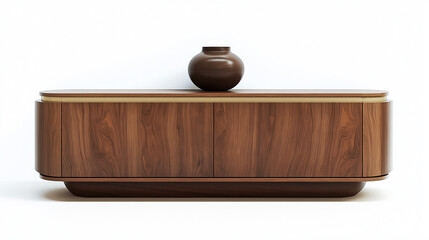 wooden sideboard featuring closed cabinets , minimalist design. Ideal for modern living spaces, combining functionality with contemporary style. Isolated on white background , vase for plants , table
