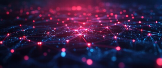 Obraz premium Abstract Network Connection: Digital Nodes and Lines Intertwined in a Symphony of Red and Blue