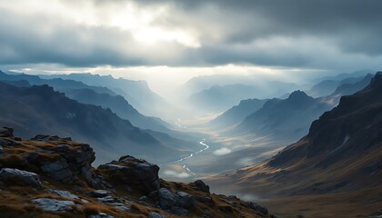 Dramatic Mountain Valley Landscape with Winding River and Misty Atmosphere