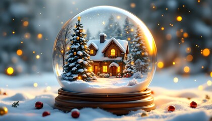 Charming Winter Cottage Inside Snow Globe with Christmas Tree and Lights