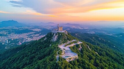 Naklejka premium Panoramic Sunset View Of Mountaintop Fortress City