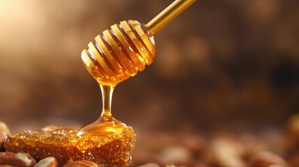 Golden Honey Dripping From Wooden Dipper Surrounded By Nuts On Wooden
