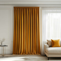 gold velvet curtains in white room for an online store of curtains advertising photos