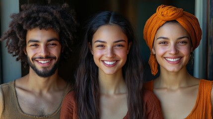 Fototapeta premium Multiracial individuals smiling warmly, radiating joy and connection in a vibrant, clean composition