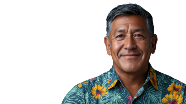 Portrait of smiling senior man wearing hawaiian shirt on transparent background