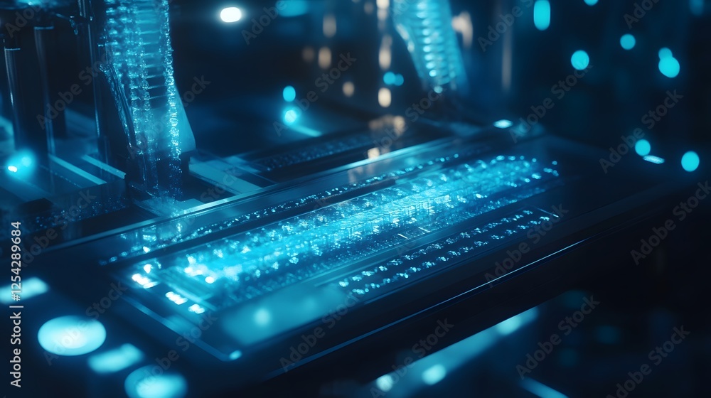Poster futuristic blue illuminated technological data processing system