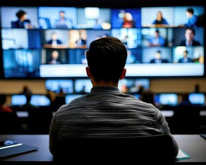 A person observes multiple screens displaying video calls, indicating a focus on digital communication and collaboration in a modern workspace.