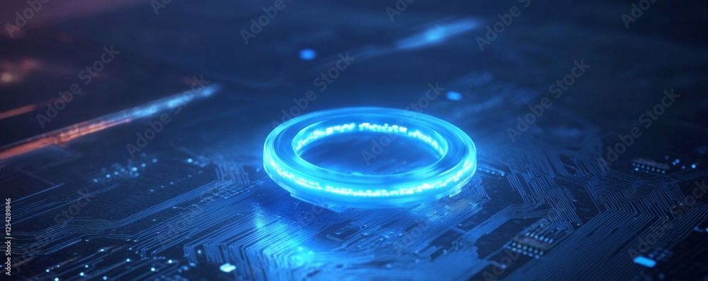 Poster glowing ring on circuit board, futuristic tech background, data transfer