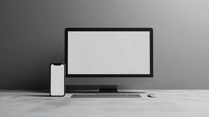 a realistic computer mockup on a gray background positioned next to a smartphone both devices resembling the exact dimensions and sleek design of Apple product