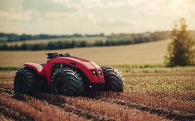 Obraz premium Modern Agriculture: A Red Robotic Tractor in a Golden Field