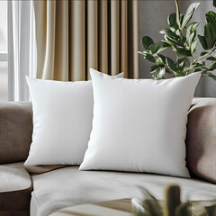 White square throw pillow mockup set of two on a couch in a square shape