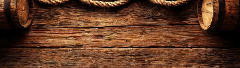 Fototapeta premium Aged wood planks with barrels and rope. Background image for product