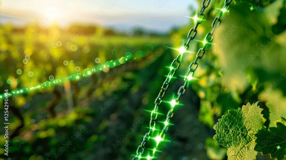 Poster a lush green vineyard with chains intertwined between rows of gvines representing the interconnected