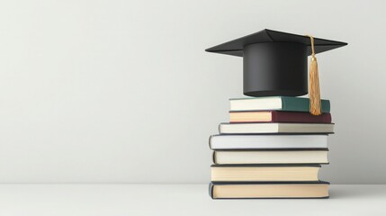 A graduation cap sits atop a stack of books, symbolizing education and achievement against a neutral background.