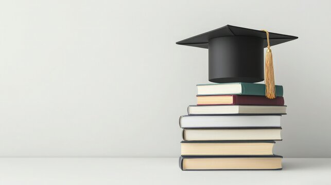 A graduation cap sits atop a stack of books, symbolizing education and achievement against a neutral background.