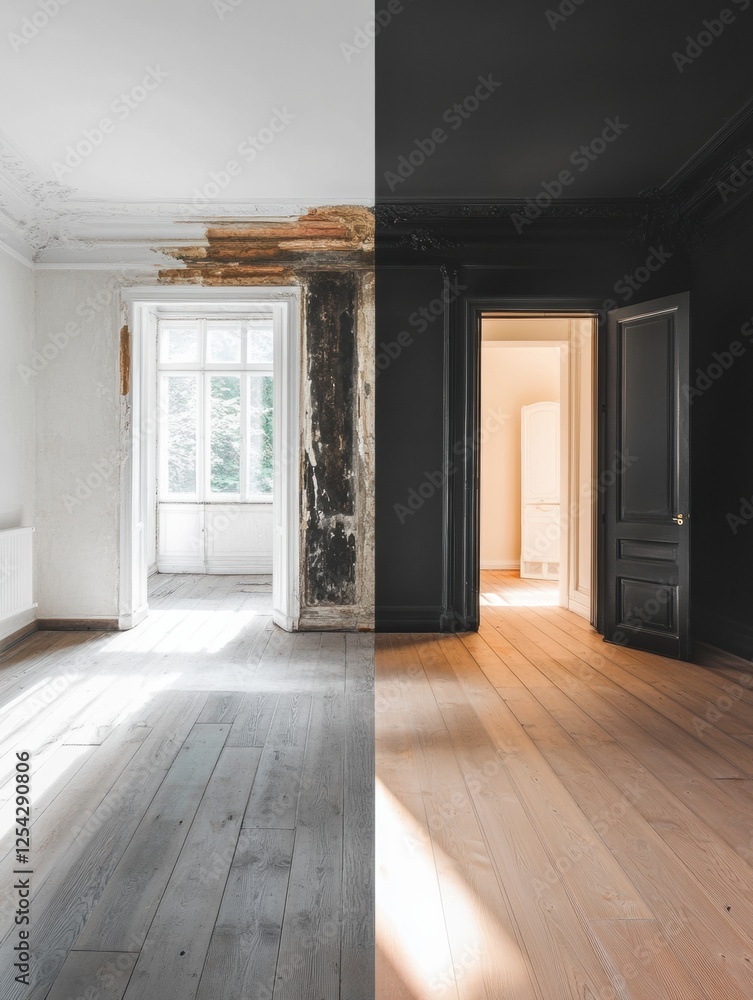 Poster contrast of old, dark interiors versus bright, modern renovated design in a split view room setting.