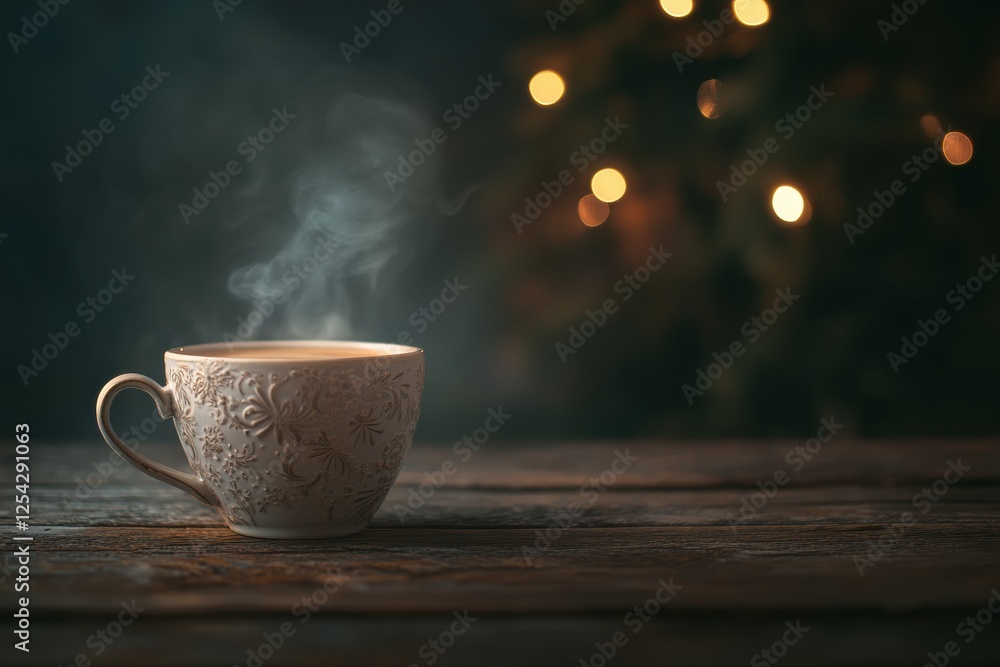 Poster sipping warmth from a cozy coffee cup on a rustic wooden table during a chilly evening. generative a