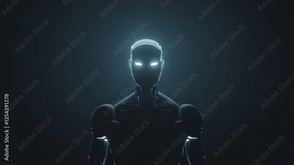 Leinwandbilder Glowing humanoid robot stands centered against a dark backdrop with luminous details illuminating its form. Generative AI