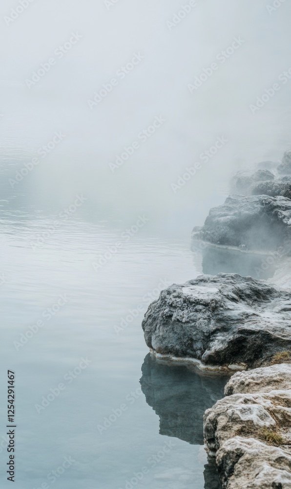 Poster relaxing experience at a serene hot spring with steam rising above rocky edges in a tranquil landsca