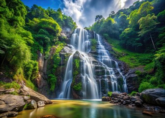 Fototapeta premium Escape to Langkawi's Temurun Waterfall: stunning cascades, lush rainforest, tropical paradise awaits.