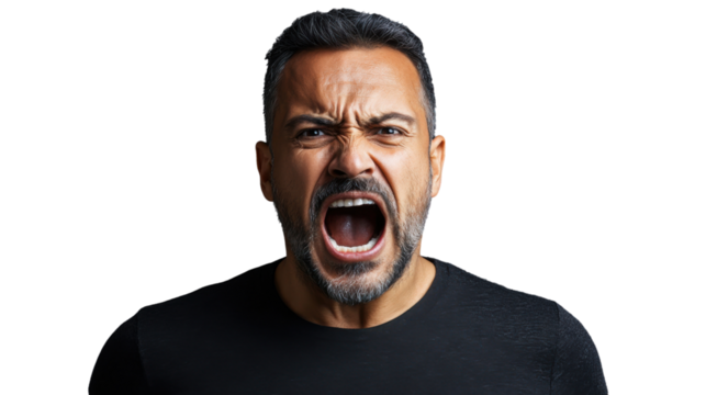 Furious man shouting with transparent background: expressing anger and frustration