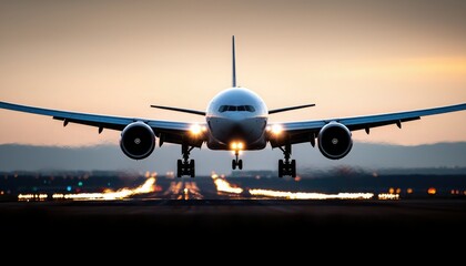 Fototapeta premium A commercial airplane approaches for landing, illuminated by runway lights against a twilight sky, showcasing the excitement of air travel.