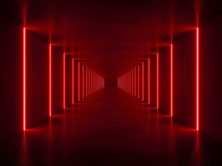 interior empty space with red lighting tunnel, 3d rendering