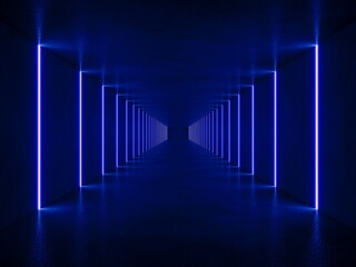 interior empty space with blue lighting tunnel, 3d rendering