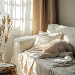 There is a blanket on the sofa in the bedroom The environment is bright and atmospheric