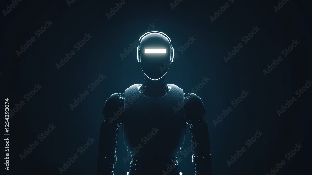 Aufkleber Glowing humanoid robot stands centered in a dark environment, showcasing minimalist design and futuristic features. Generative AI