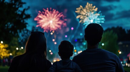 Family Watching Fireworks Display at Night