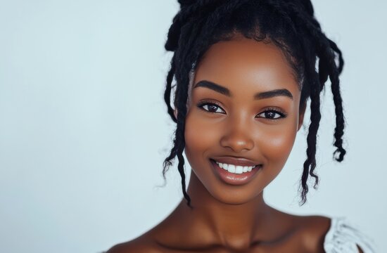 Young African women with radiant smiles, natural hairstyles, and vibrant outfits stand against white backgrounds, showcasing their unique beauty and natural features.