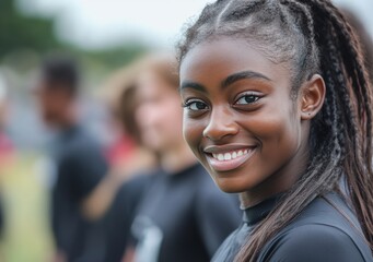 A young Black woman in a vibrant sports outfit radiates positivity at an outdoor event, perfect for promoting fitness and wellness campaigns.