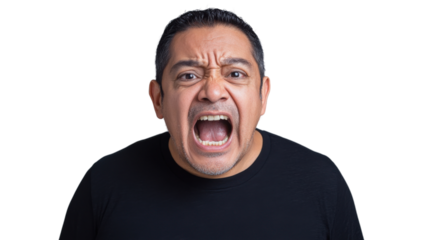 Furious man shouting with transparent background: expressing anger and frustration
