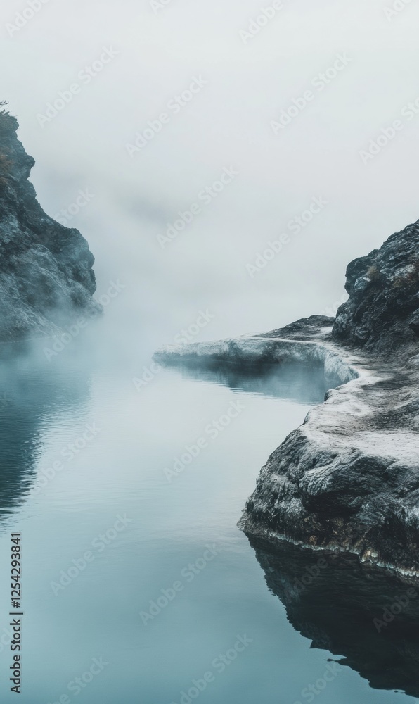 Aufkleber serene hot spring with gentle steam rising over rugged rocky edges in a tranquil natural setting. ge