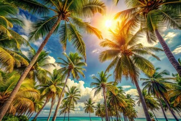 Fototapeta premium Escape to paradise: sun-drenched palms, azure skies, vintage summer vibe.